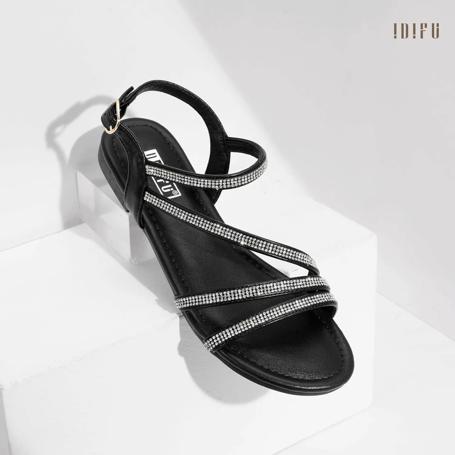 IDIFU Rhinestone Strappy Sandals for Women Dressy Summer Glitter Flat Sandals with Back Strap Open Toe Slingback Ankle Strap Sandals Wedding Bridal Prom Sparkly Bling Comfortable Cute Dress Sandals