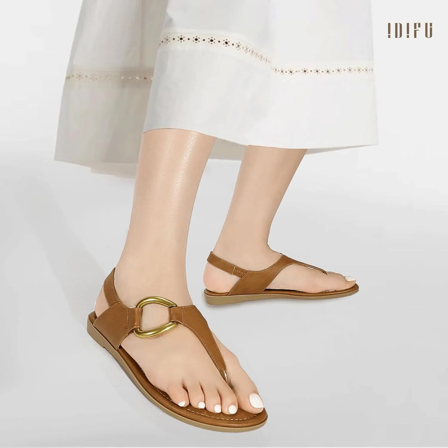 IDIFU Women's Dressy Flat Sandals Dress Thong Sandals T Strap Strappy Buckle Comfortable Sandals Summer Beach Wedding Bridal Cute Ladies Casual Fashion Trendy Flip Flops with Back Strap Flat Sandals