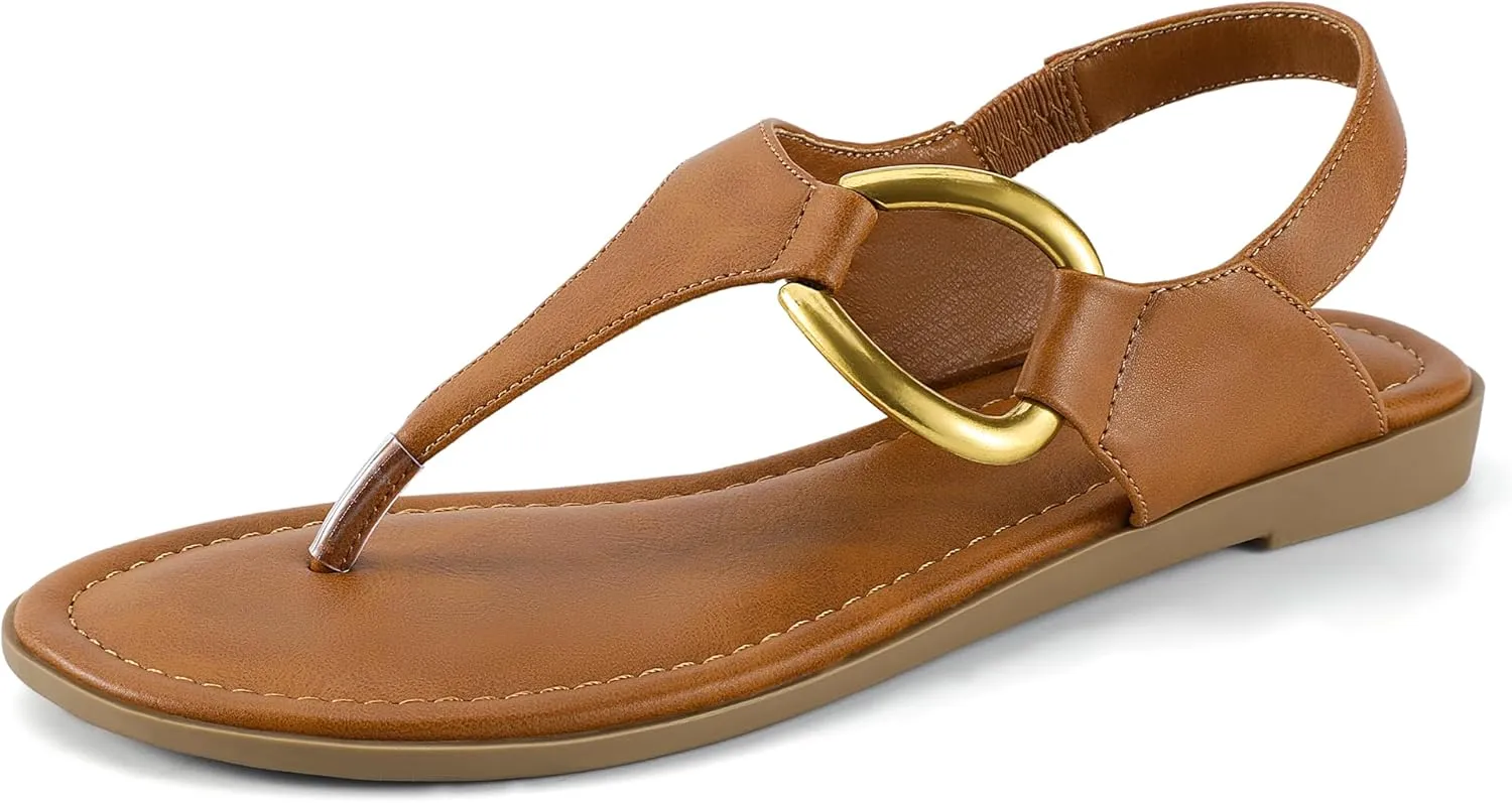 IDIFU Women's Dressy Flat Sandals Dress Thong Sandals T Strap Strappy Buckle Comfortable Sandals Summer Beach Wedding Bridal Cute Ladies Casual Fashion Trendy Flip Flops with Back Strap Flat Sandals