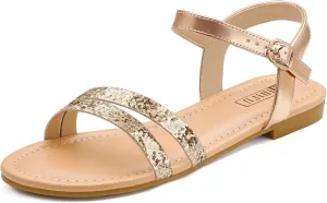 IDIFU Women's Flat Sandals Dressy Summer Strappy Sandals Open Toe Slingback Ankle Strap Dress Sandals with Two Toe Strap Wedding Prom Beach Bride Bridesmaid Sandals Comfortable Fashion Cute Sandals
