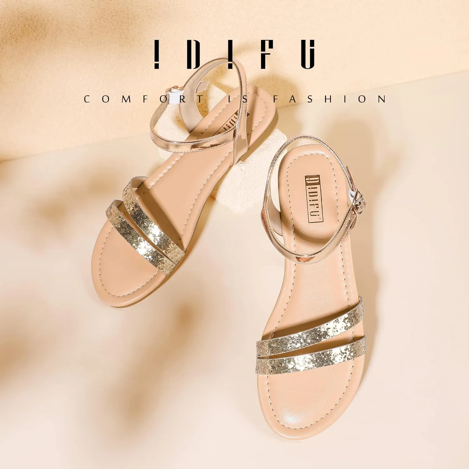 IDIFU Women's Flat Sandals Dressy Summer Strappy Sandals Open Toe Slingback Ankle Strap Dress Sandals with Two Toe Strap Wedding Prom Beach Bride Bridesmaid Sandals Comfortable Fashion Cute Sandals