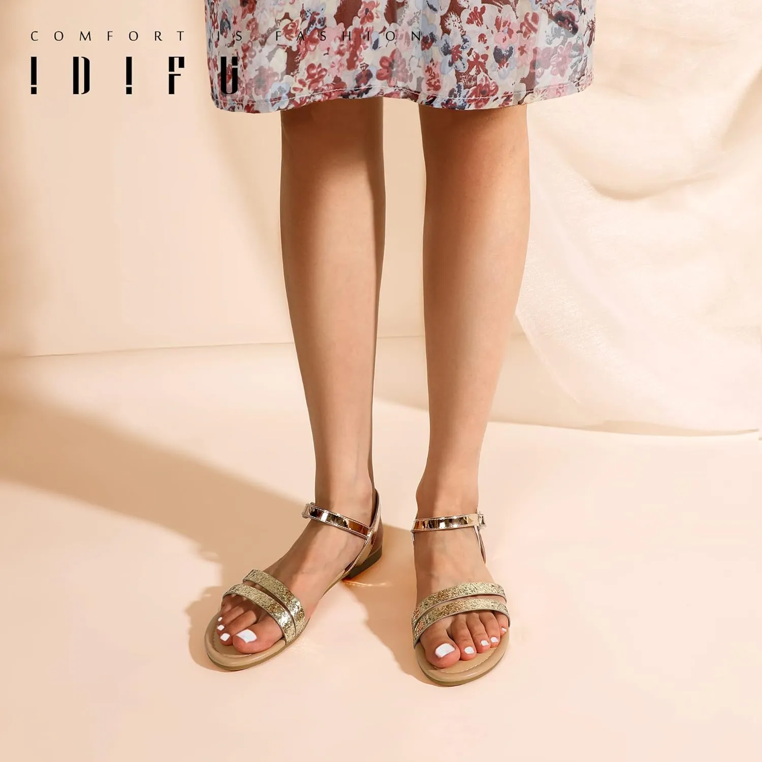 IDIFU Women's Flat Sandals Dressy Summer Strappy Sandals Open Toe Slingback Ankle Strap Dress Sandals with Two Toe Strap Wedding Prom Beach Bride Bridesmaid Sandals Comfortable Fashion Cute Sandals