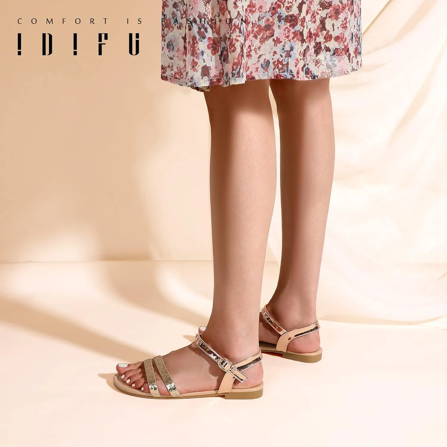 IDIFU Women's Flat Sandals Dressy Summer Strappy Sandals Open Toe Slingback Ankle Strap Dress Sandals with Two Toe Strap Wedding Prom Beach Bride Bridesmaid Sandals Comfortable Fashion Cute Sandals
