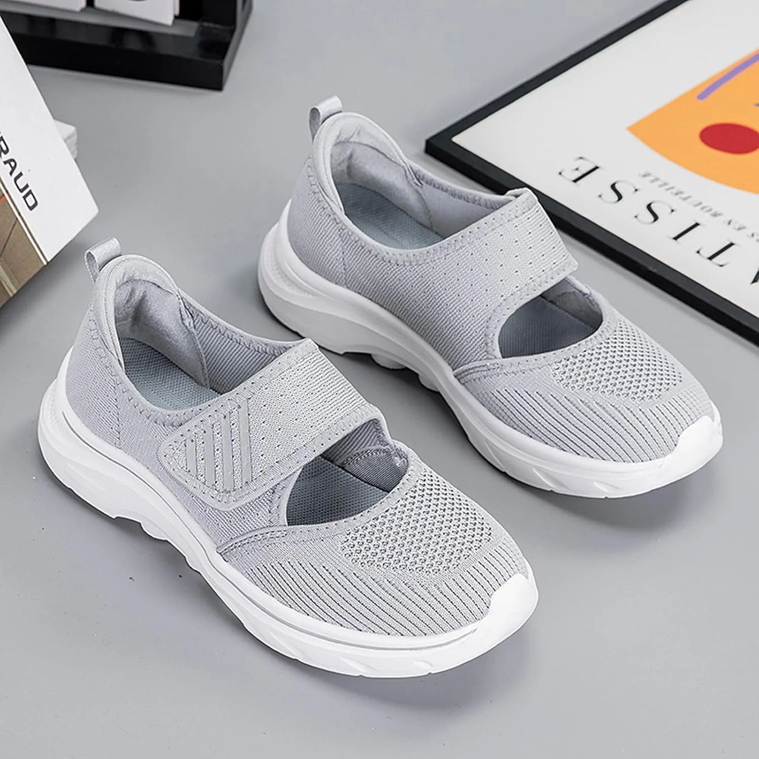 ihinzry Womens Walking Shoes Orthopedic Shoes Lightweight Breathable Knitted Loafers Hook and Loop Sneakers