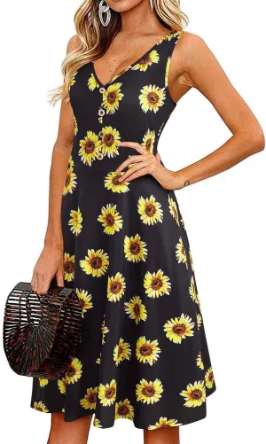 II ININ Women's 2025 Sundresses Casual Summer Tank Dress V Neck Sleeveless Button Down Midi Floral Beach Dress with Pockets