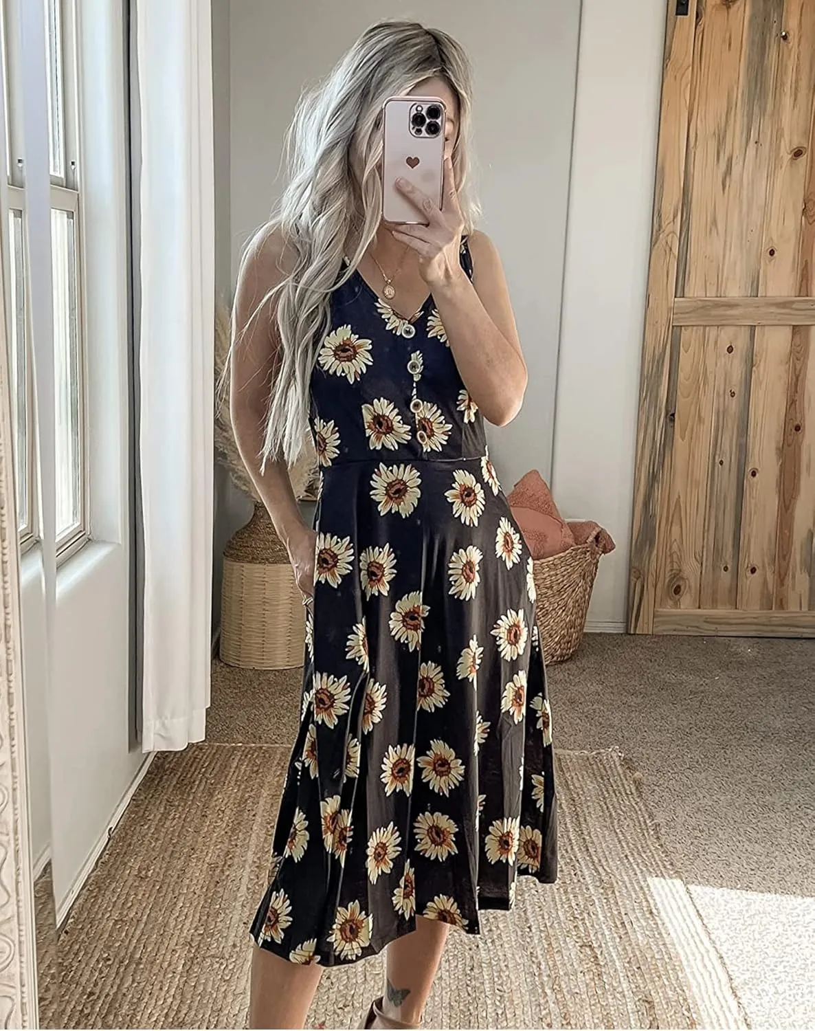 II ININ Women's 2025 Sundresses Casual Summer Tank Dress V Neck Sleeveless Button Down Midi Floral Beach Dress with Pockets
