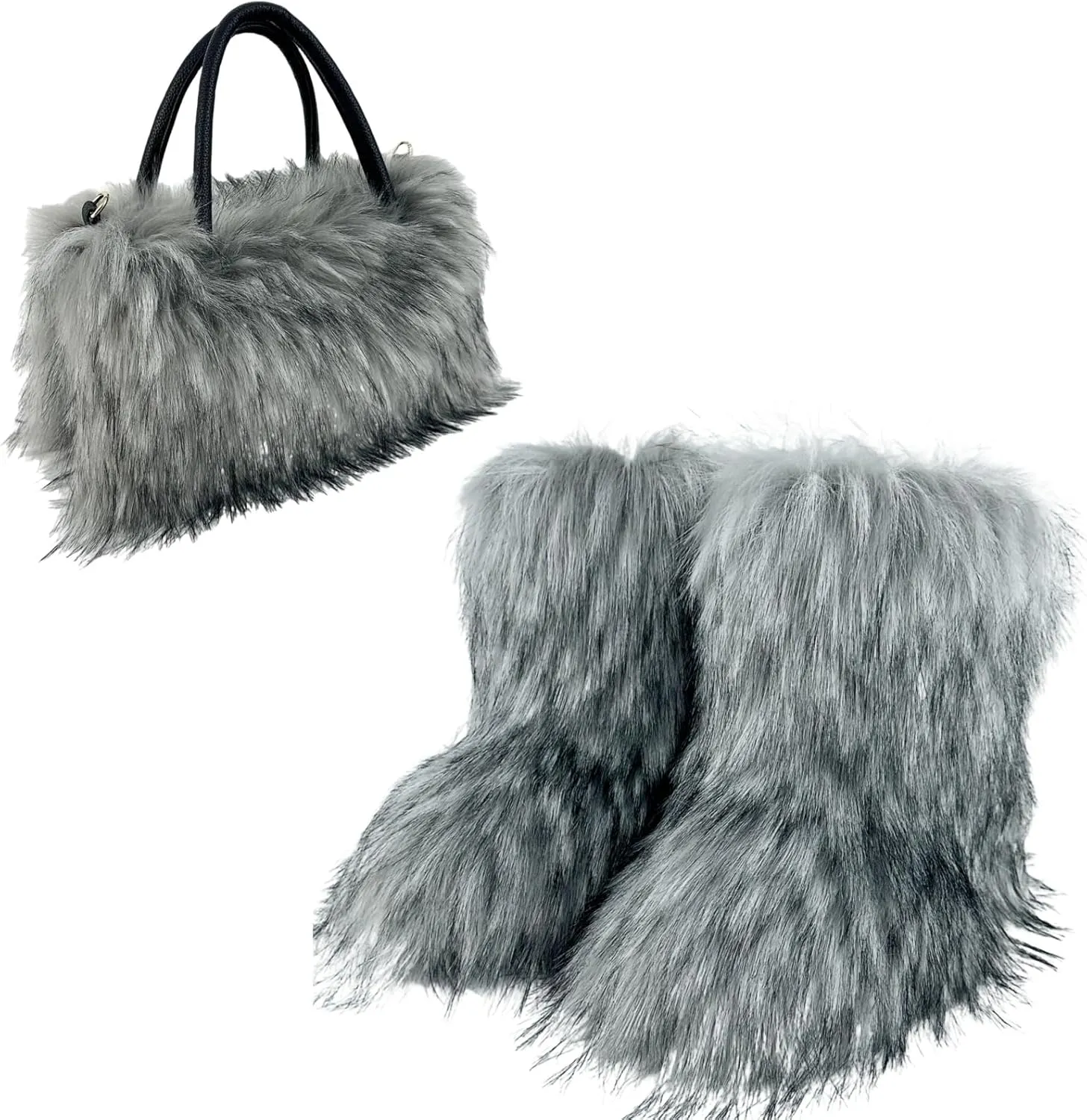 ikasus Faux Fur Tote Bag Women's Shoulder Handbags Fluffy Handbags Winter Handbag Boots Set Plush Tote Bag Mid Calf Boots, Gray 36