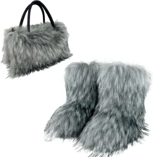ikasus Faux Fur Tote Bag Women's Shoulder Handbags Fluffy Handbags Winter Handbag Boots Set Plush Tote Bag Mid Calf Boots, Gray 36