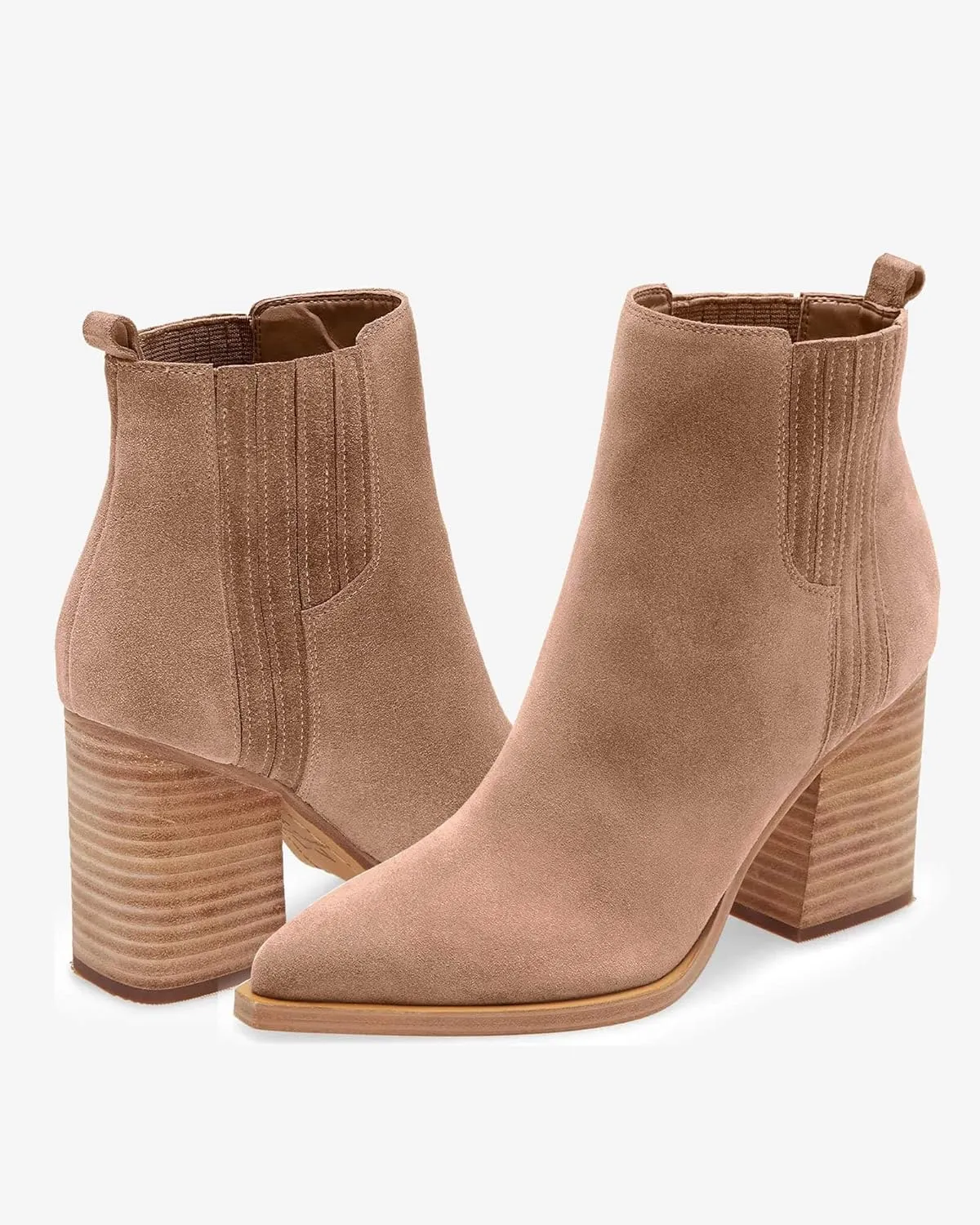 Imily Bela Womens Ankle Boots Pointed Toe Chunky Stacked Mid Heeled Faux Suede Leather Booties