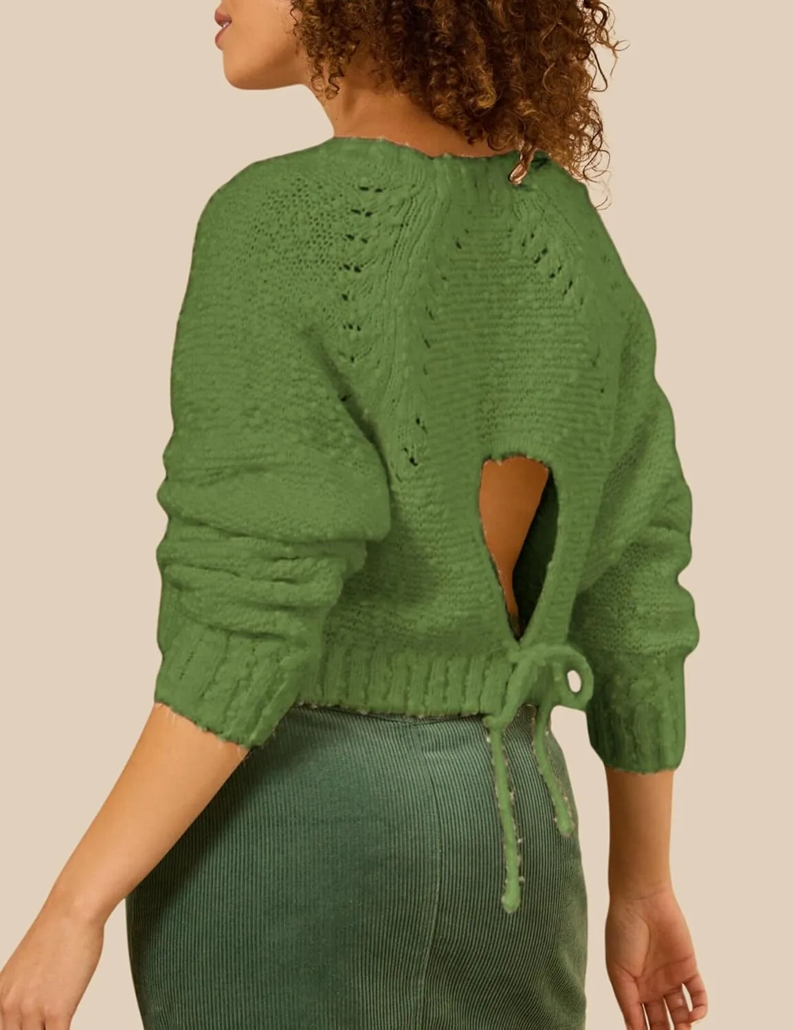 InterNos Women's Open Tie Back Pullover Sweater Popcorn Crew Neck Backless Bow Tie Knitted Crop Tops