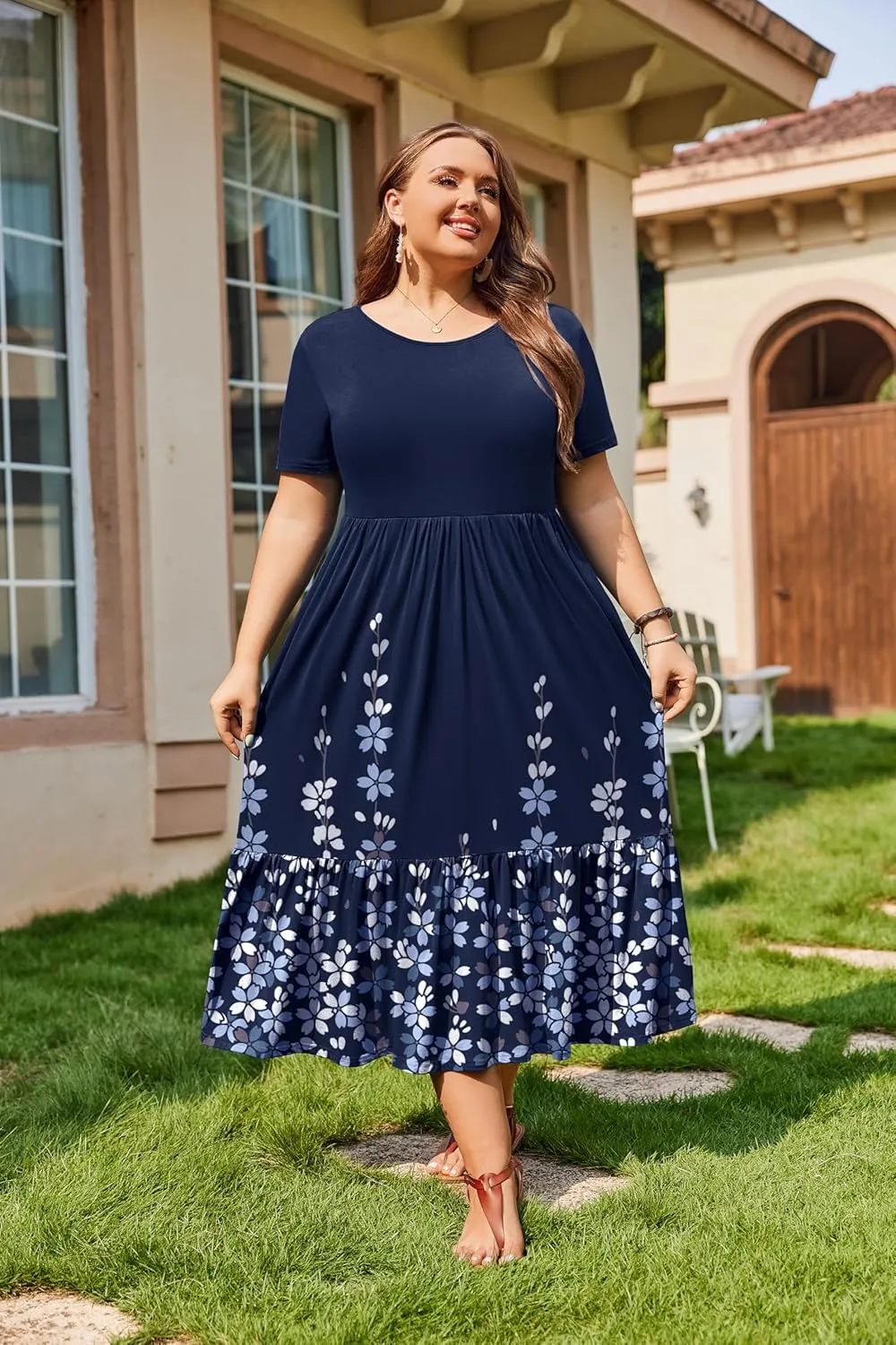 IN'VOLAND Women Plus Size Short Sleeve Dress Loose Plain Casual Summer Flowy Tiered Long Maxi Dresses with Pockets