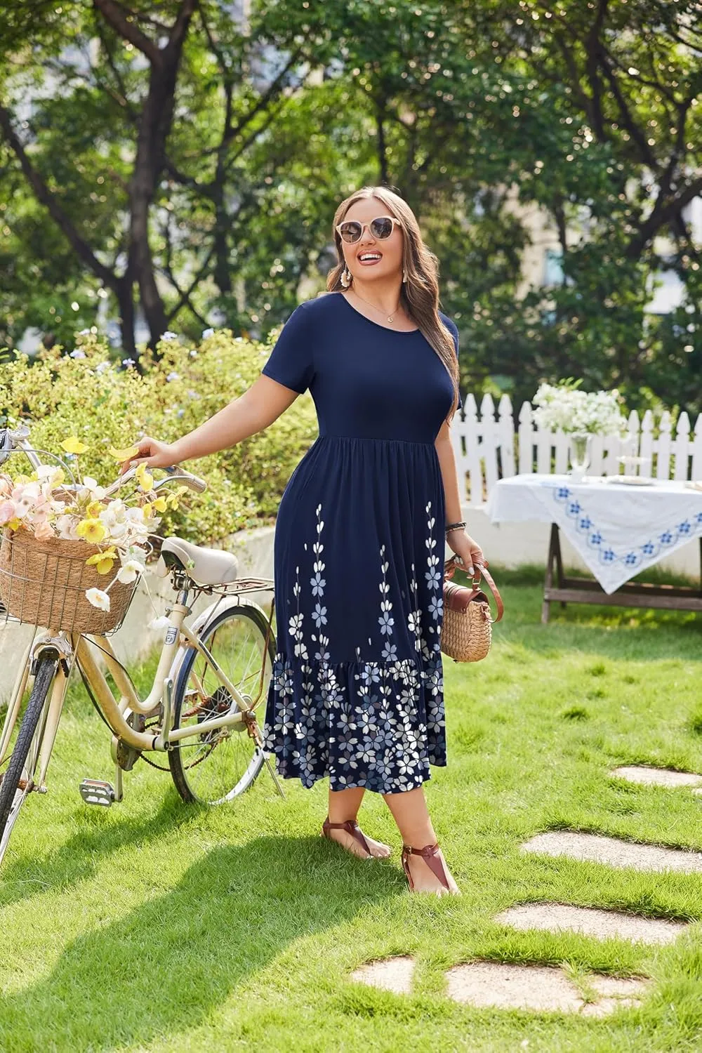 IN'VOLAND Women Plus Size Short Sleeve Dress Loose Plain Casual Summer Flowy Tiered Long Maxi Dresses with Pockets