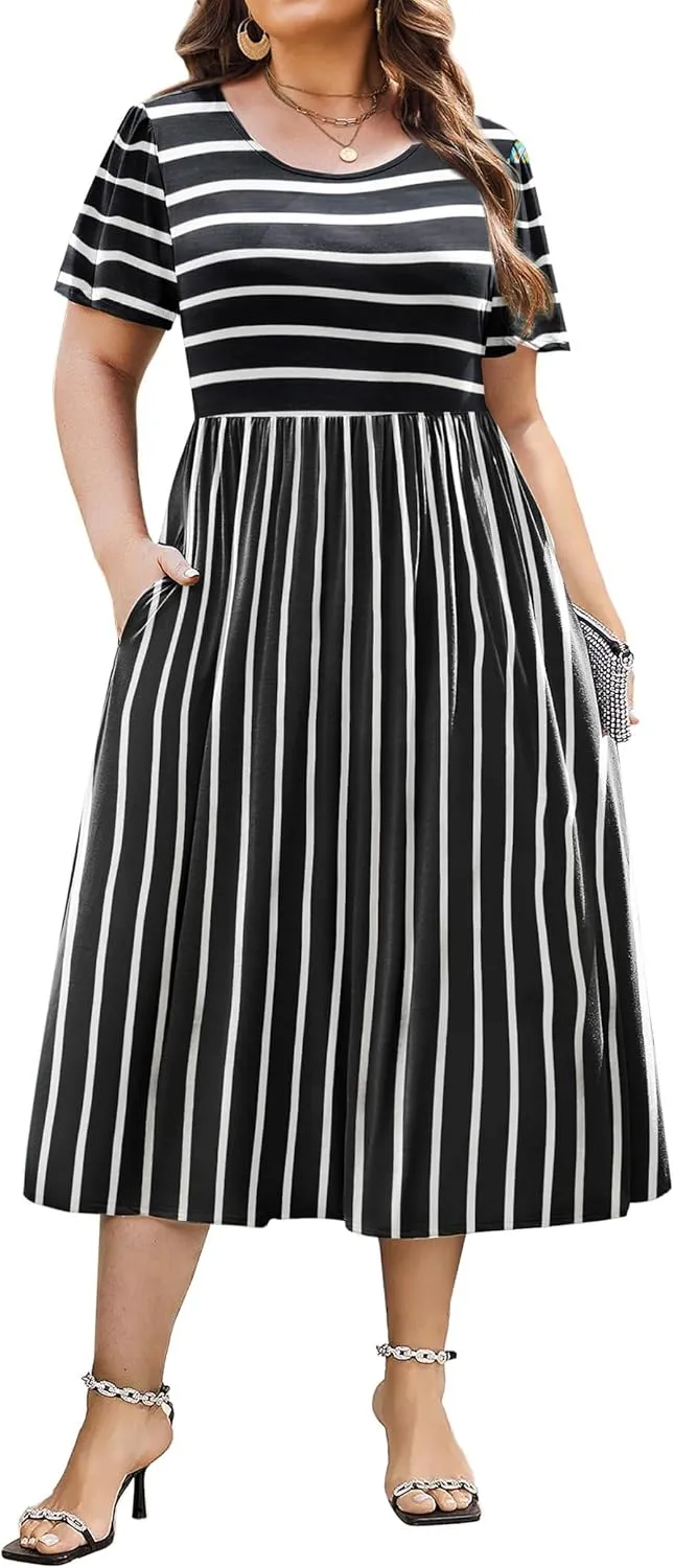 IN'VOLAND Women Plus Size Short Sleeve Dress Loose Summer Casual A-Line Flowy Midi Dresses with Pockets