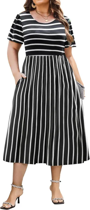 IN'VOLAND Women Plus Size Short Sleeve Dress Loose Summer Casual A-Line Flowy Midi Dresses with Pockets