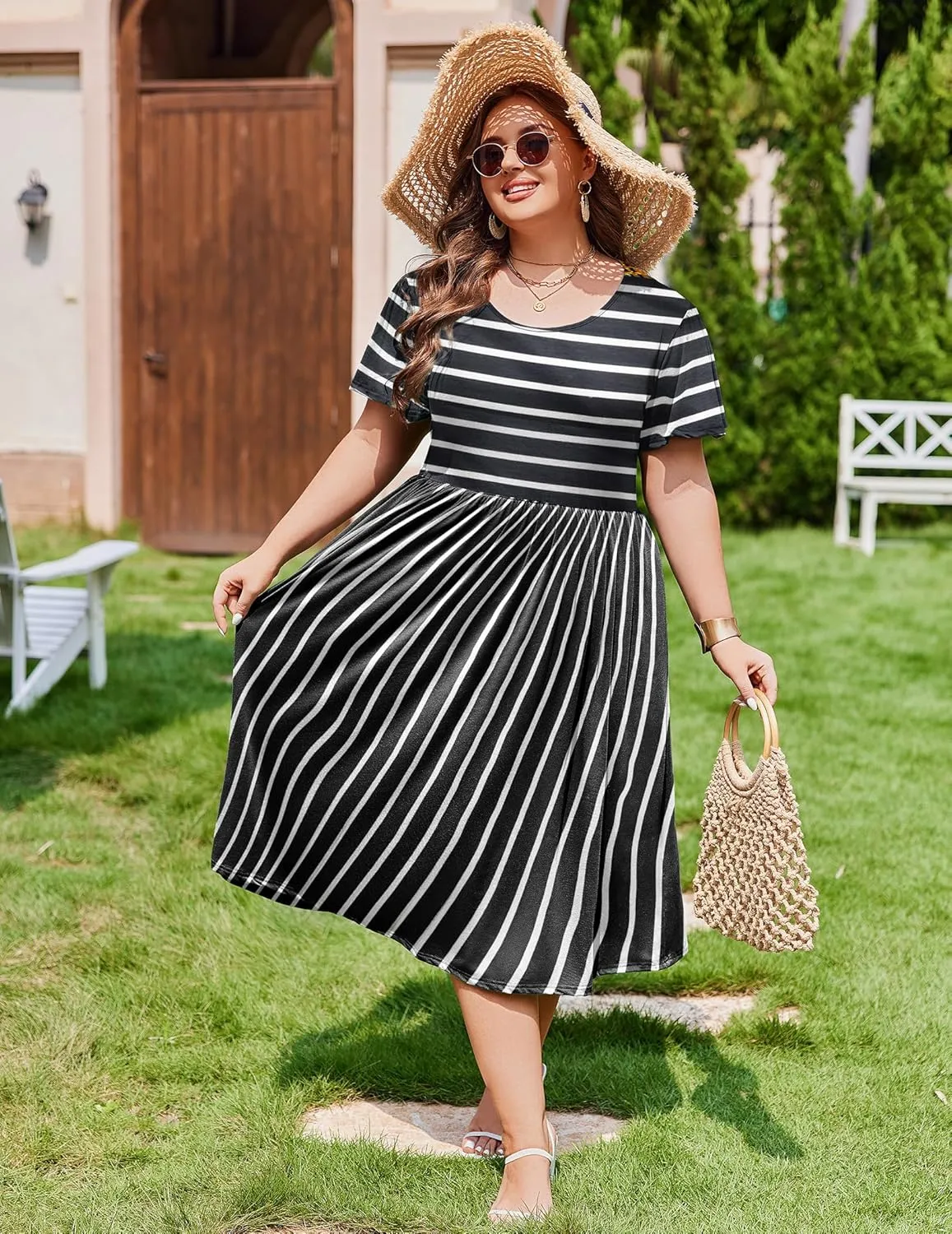 IN'VOLAND Women Plus Size Short Sleeve Dress Loose Summer Casual A-Line Flowy Midi Dresses with Pockets