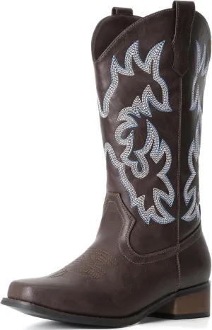 IUV Cowboy Boots For Women Square Toe Cowgirl Boots Mid Calf Western Boots Pull On Fashion Cowboy Boots