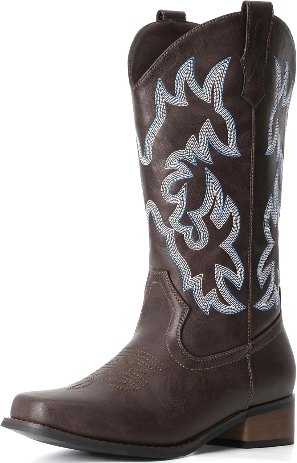IUV Cowboy Boots For Women Square Toe Cowgirl Boots Mid Calf Western Boots Pull On Fashion Cowboy Boots