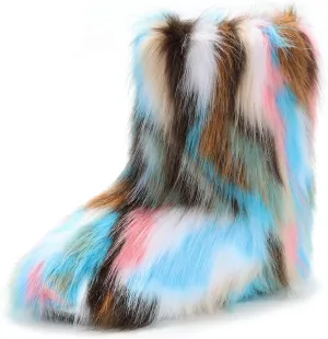 IXU Women's Faux Fur Boot Furry Fluffy Round Toe Suede Snow Winter Women Boots Comfy Plush Warm Short Outdoor Indoor Flat Shoes Mid-Calf Boots