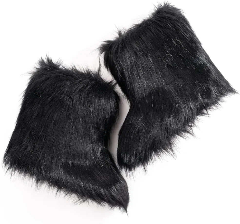 IXU Women's Faux Fur Boot Furry Fluffy Round Toe Suede Snow Winter Women Boots Comfy Plush Warm Short Outdoor Indoor Flat Shoes Mid-Calf Boots