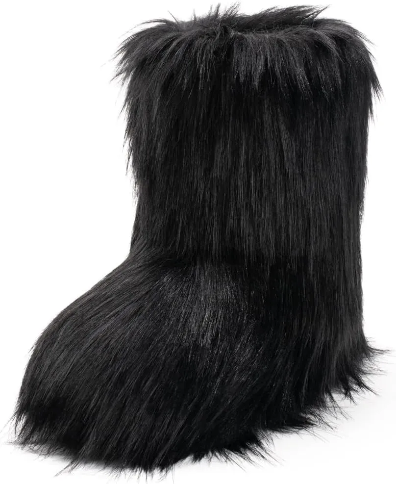 IXU Women's Faux Fur Boot Furry Fluffy Round Toe Suede Snow Winter Women Boots Comfy Plush Warm Short Outdoor Indoor Flat Shoes Mid-Calf Boots