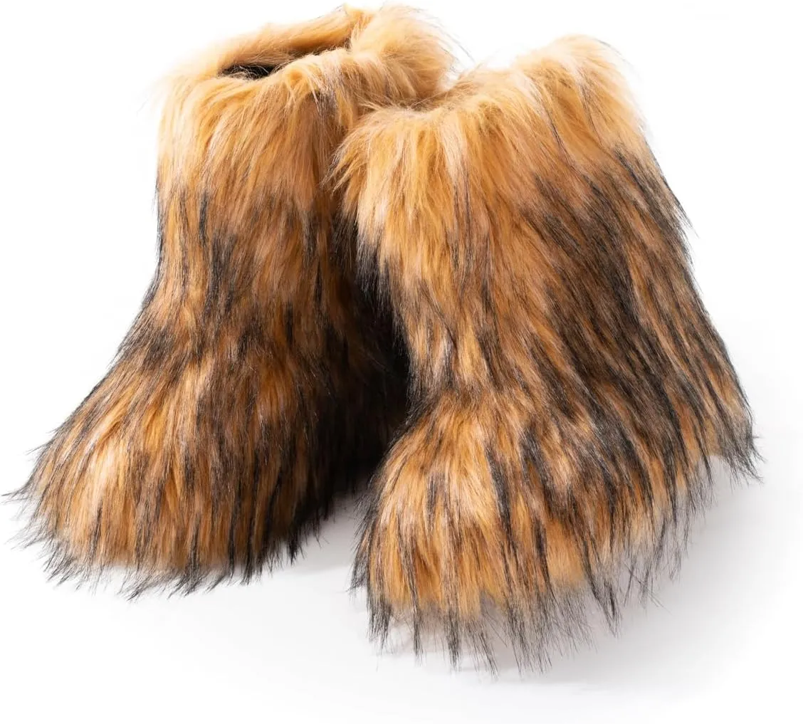IXU Women's Faux Fur Boot Furry Fluffy Round Toe Suede Snow Winter Women Boots Comfy Plush Warm Short Outdoor Indoor Flat Shoes Mid-Calf Boots