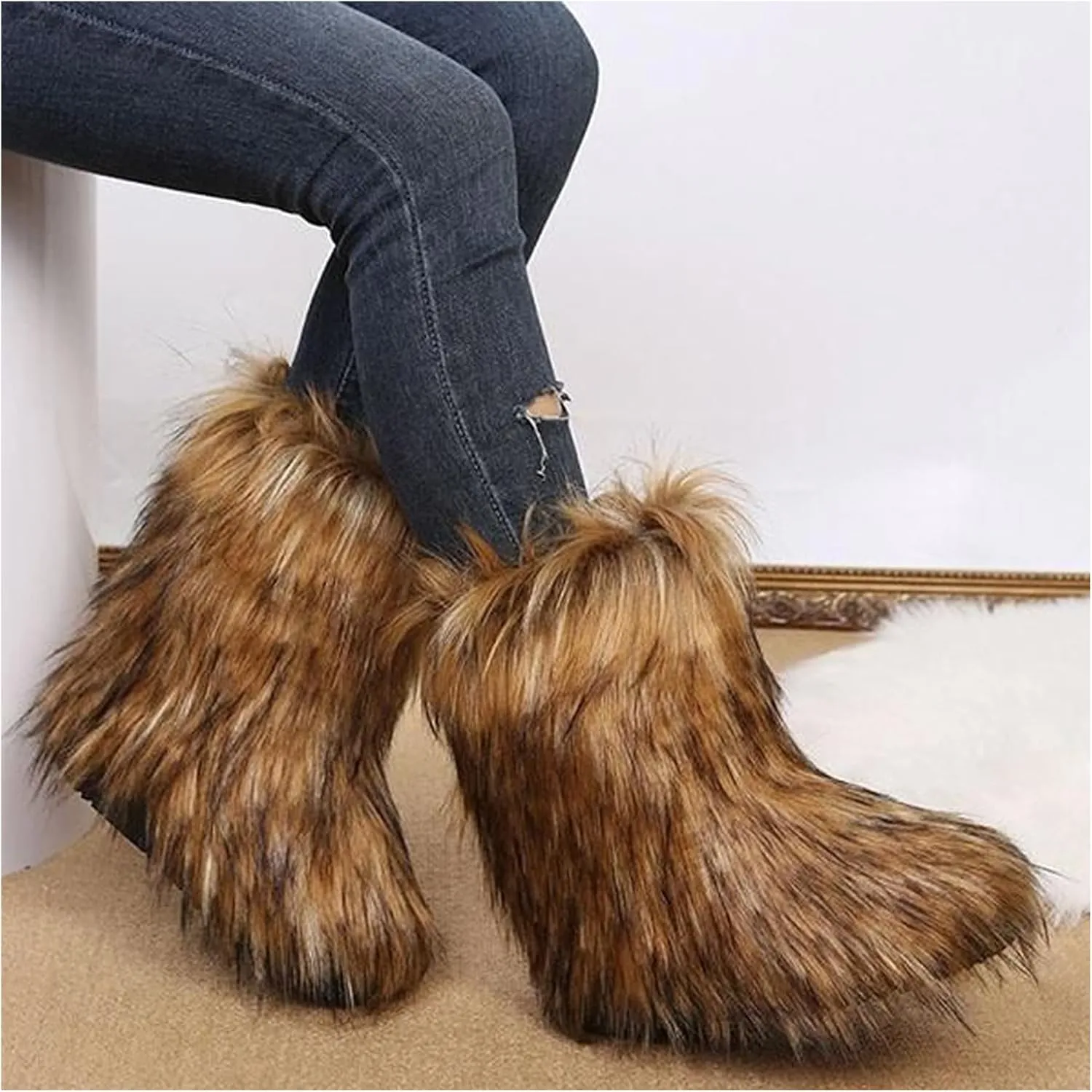 IXU Women's Faux Fur Boot Furry Fluffy Round Toe Suede Snow Winter Women Boots Comfy Plush Warm Short Outdoor Indoor Flat Shoes Mid-Calf Boots