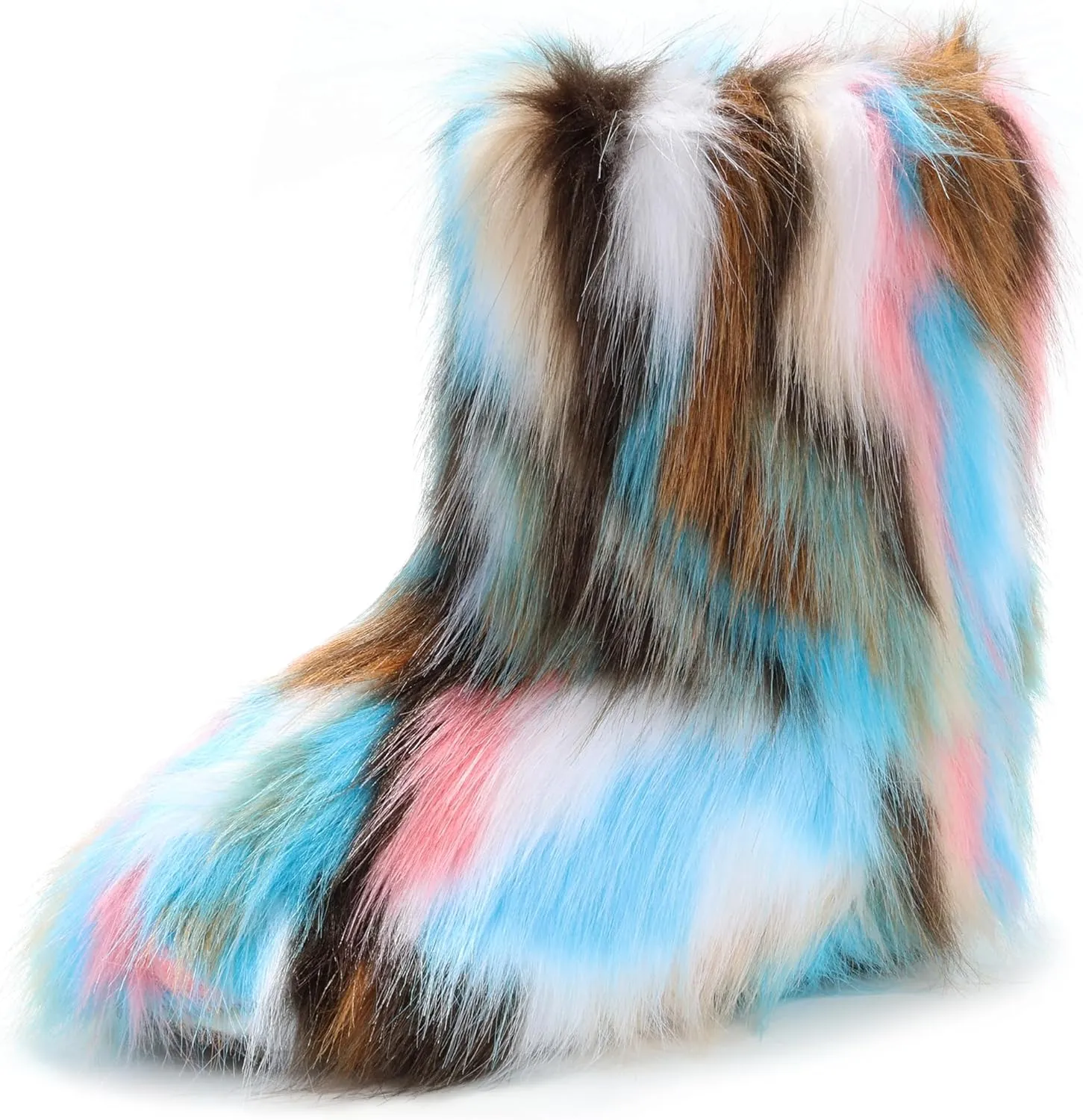 IXU Women's Faux Fur Boot Furry Fluffy Round Toe Suede Snow Winter Women Boots Comfy Plush Warm Short Outdoor Indoor Flat Shoes Mid-Calf Boots