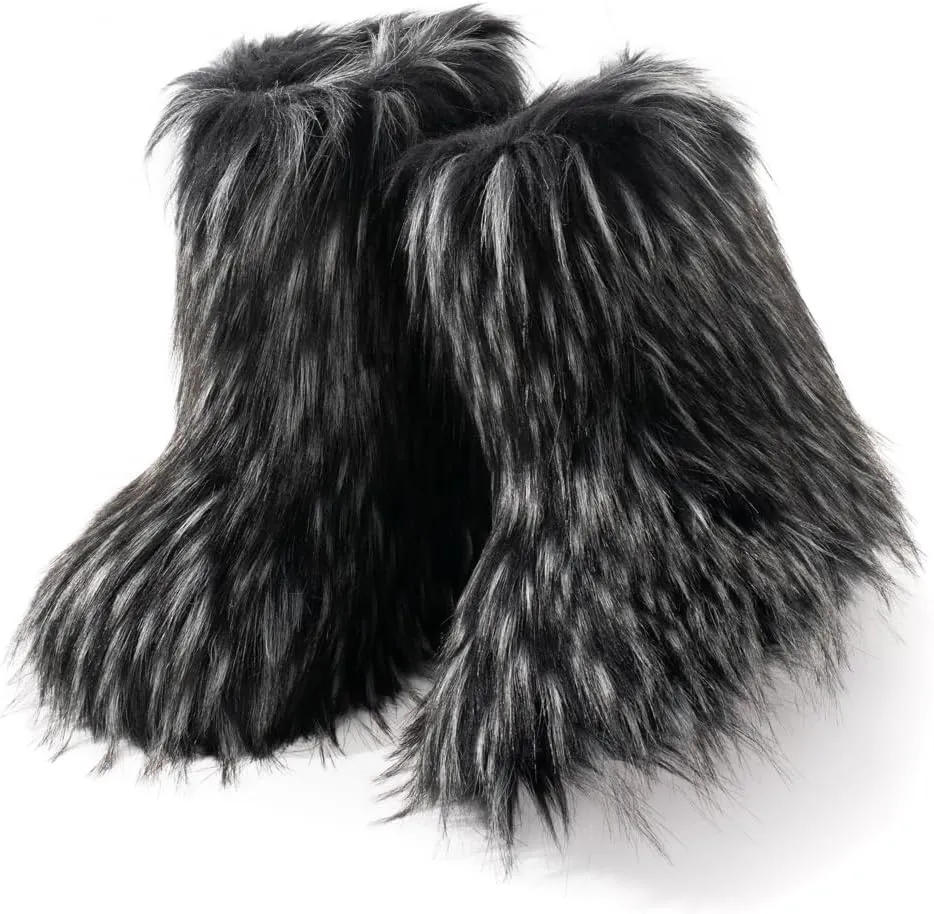 IXU Women's Faux Fur Boot Furry Fluffy Round Toe Suede Snow Winter Women Boots Comfy Plush Warm Short Outdoor Indoor Flat Shoes Mid-Calf Boots