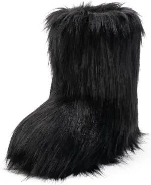 IXU Women's Faux Fur Boot Furry Fluffy Round Toe Suede Snow Winter Women Boots Comfy Plush Warm Short Outdoor Indoor Flat Shoes Mid-Calf Boots