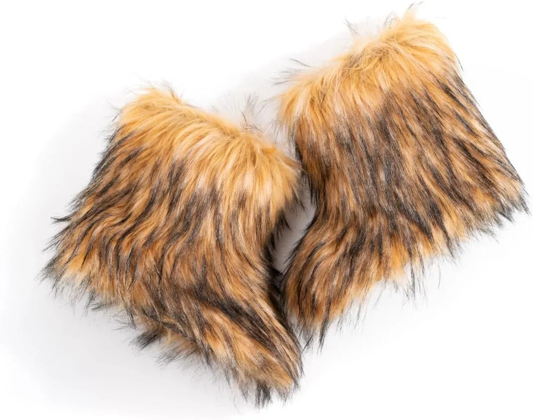 IXU Women's Faux Fur Boot Furry Fluffy Round Toe Suede Snow Winter Women Boots Comfy Plush Warm Short Outdoor Indoor Flat Shoes Mid-Calf Boots