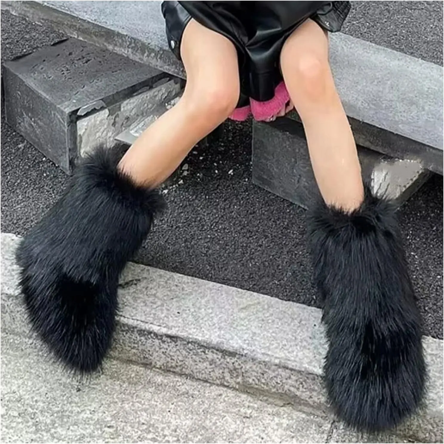 IXU Women's Faux Fur Boot Furry Fluffy Round Toe Suede Snow Winter Women Boots Comfy Plush Warm Short Outdoor Indoor Flat Shoes Mid-Calf Boots