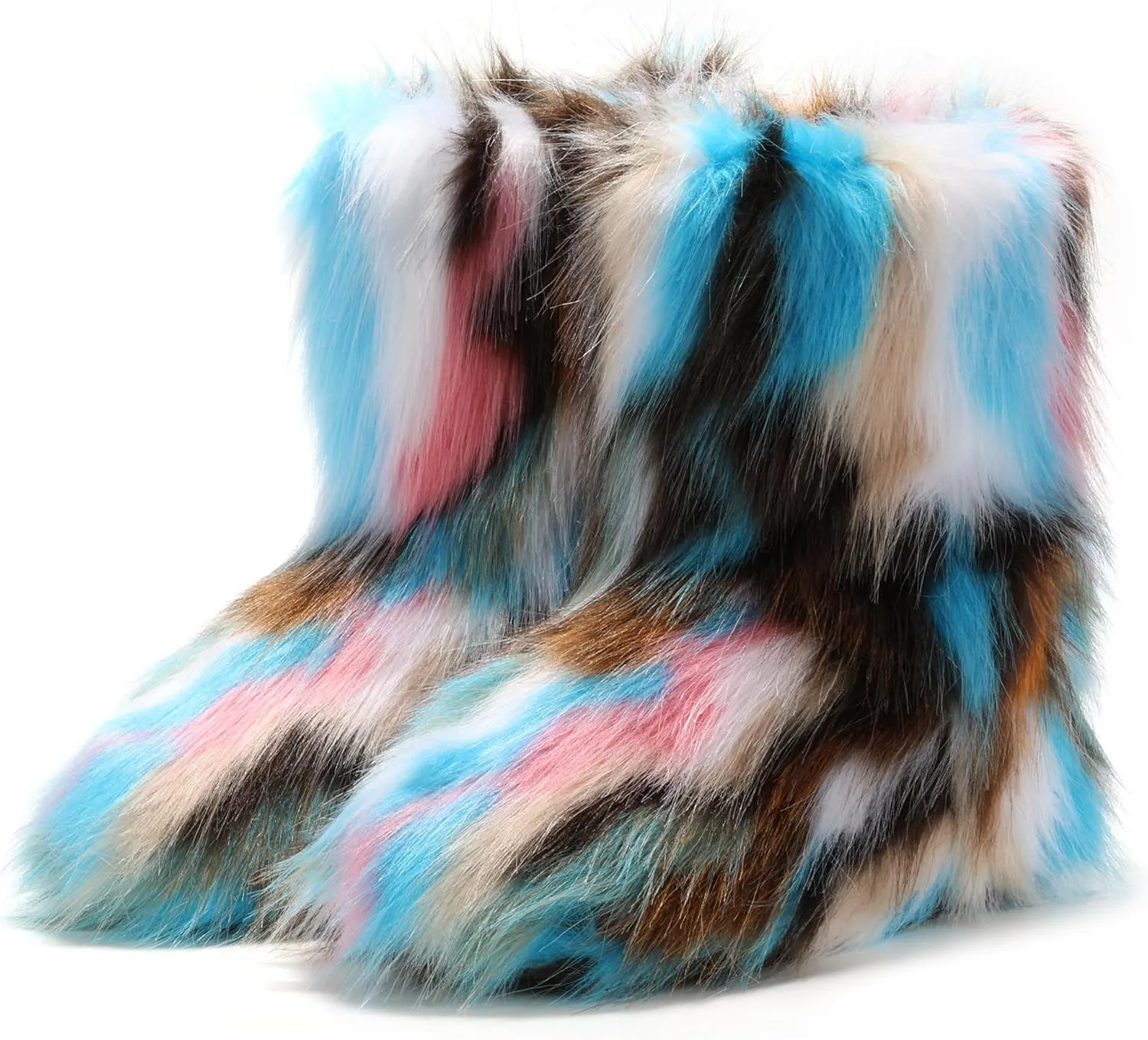 IXU Women's Faux Fur Boot Furry Fluffy Round Toe Suede Snow Winter Women Boots Comfy Plush Warm Short Outdoor Indoor Flat Shoes Mid-Calf Boots