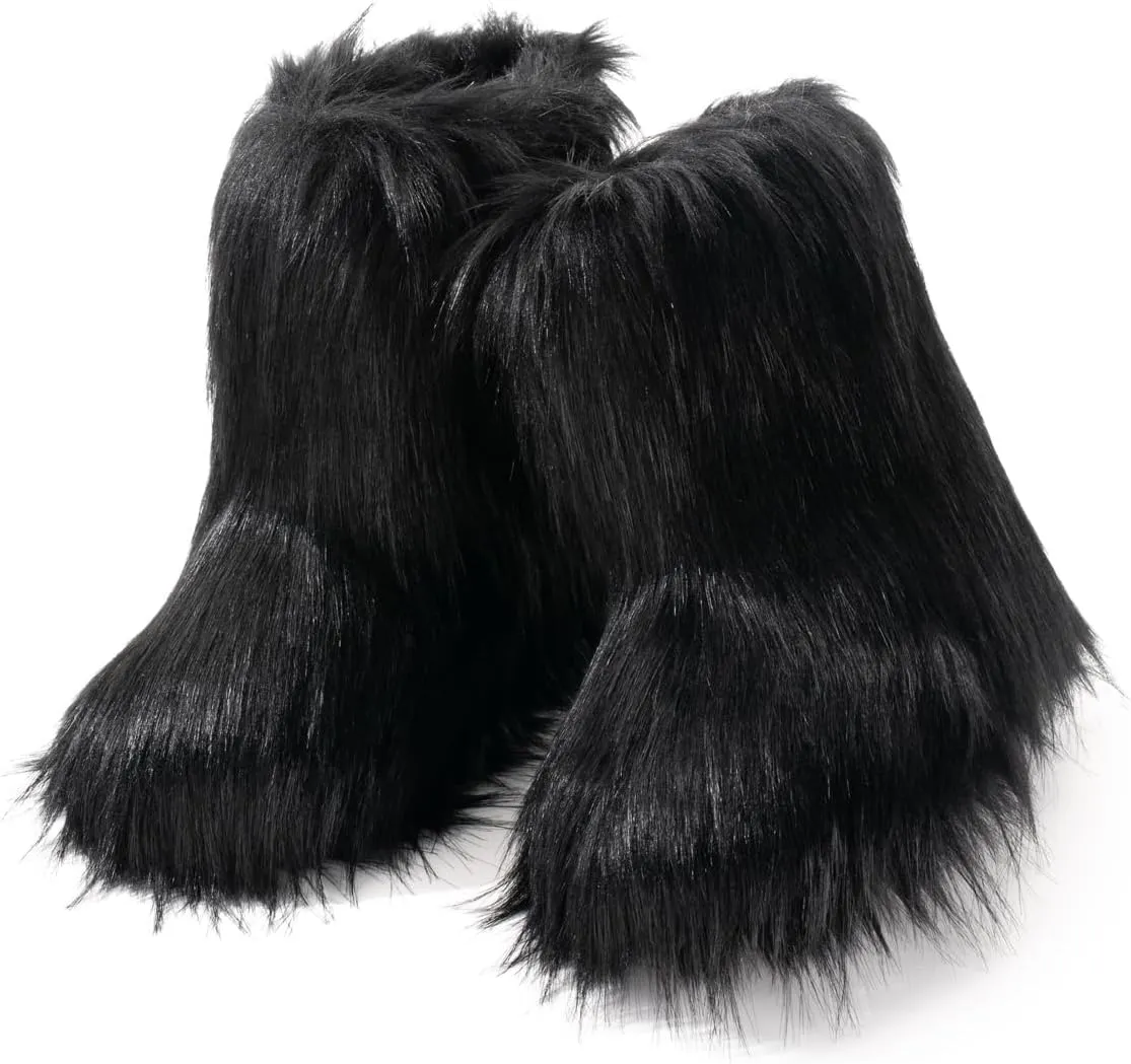 IXU Women's Faux Fur Boot Furry Fluffy Round Toe Suede Snow Winter Women Boots Comfy Plush Warm Short Outdoor Indoor Flat Shoes Mid-Calf Boots