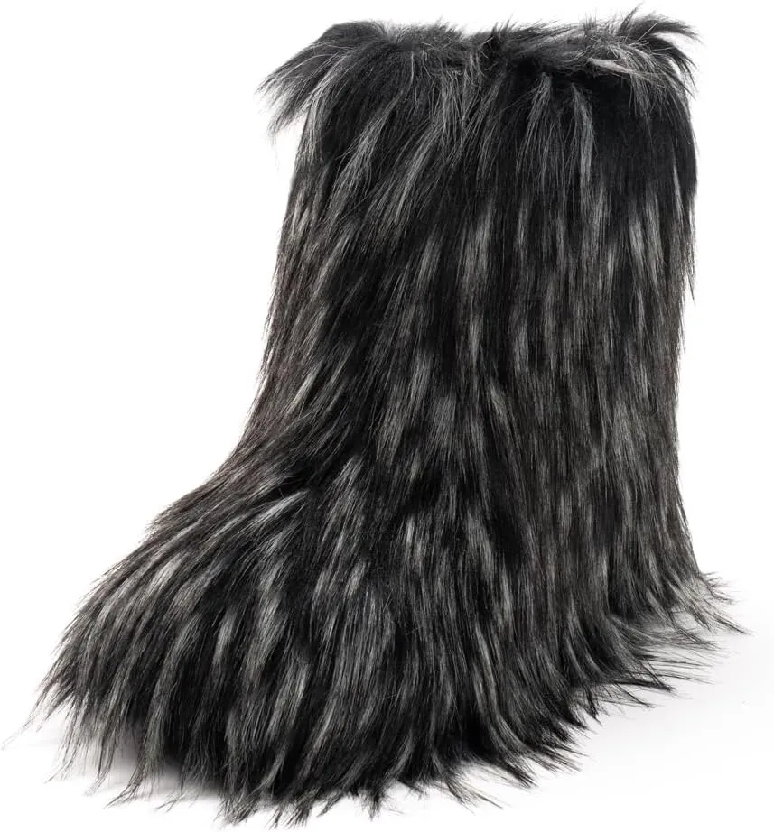 IXU Women's Faux Fur Boot Furry Fluffy Round Toe Suede Snow Winter Women Boots Comfy Plush Warm Short Outdoor Indoor Flat Shoes Mid-Calf Boots