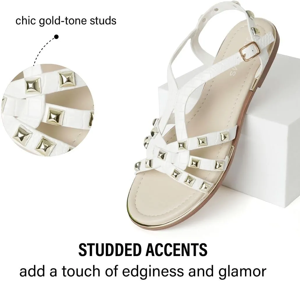 J. Adams Women's Strappy Flat Sandals with Gold Studs – Comfortable and Stylish Summer Footwear