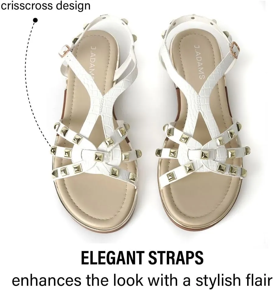 J. Adams Women's Strappy Flat Sandals with Gold Studs – Comfortable and Stylish Summer Footwear