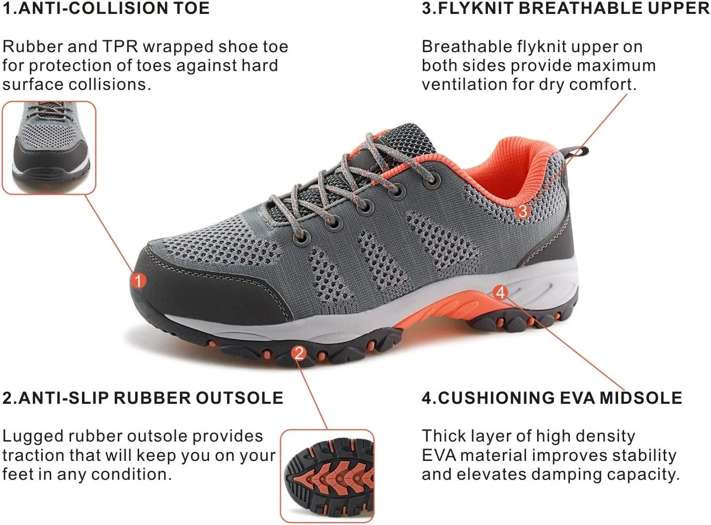 JABASIC Women Hiking Shoes Breathable Mesh Athletic Outdoor Sneakers