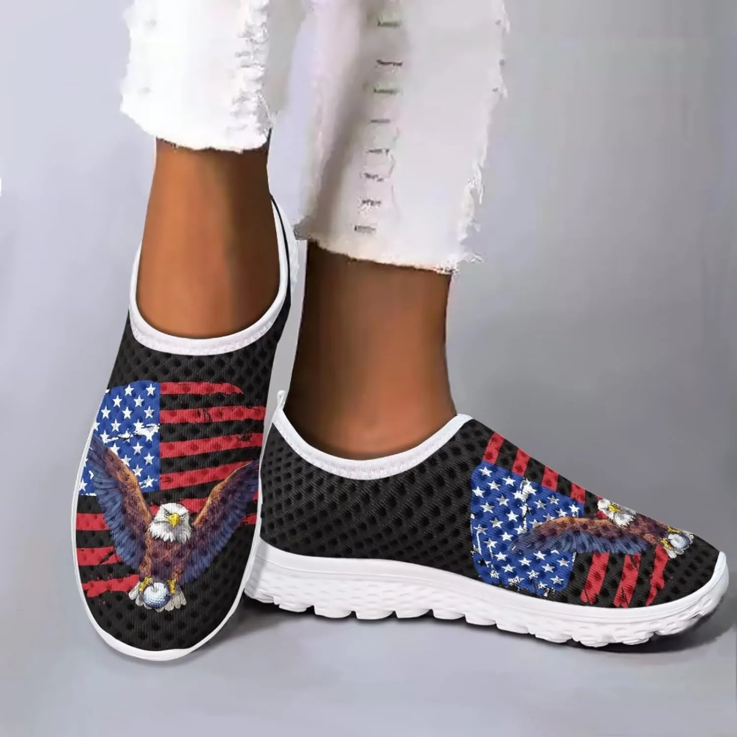 Jeiento American Flag Shoes for Men Women Road Running Shoes Womens Mens Comfortable Walking Tennis Sneakers Athletic Shoes