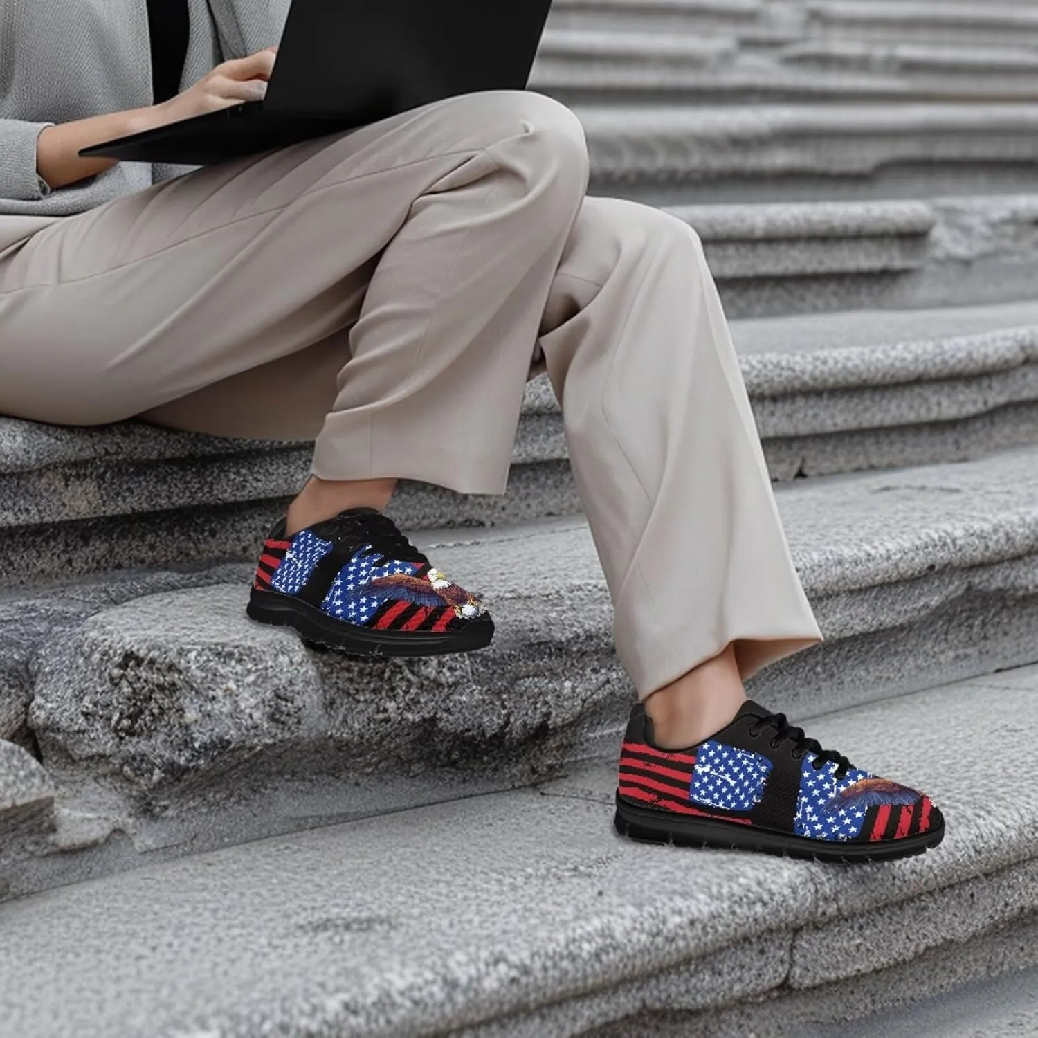 Jeiento Womens Fashion Sneaker American Flag Shoes for Men Women Casual Running Sports Slip On Sneakers Comfort Lace Up Walking Shoes
