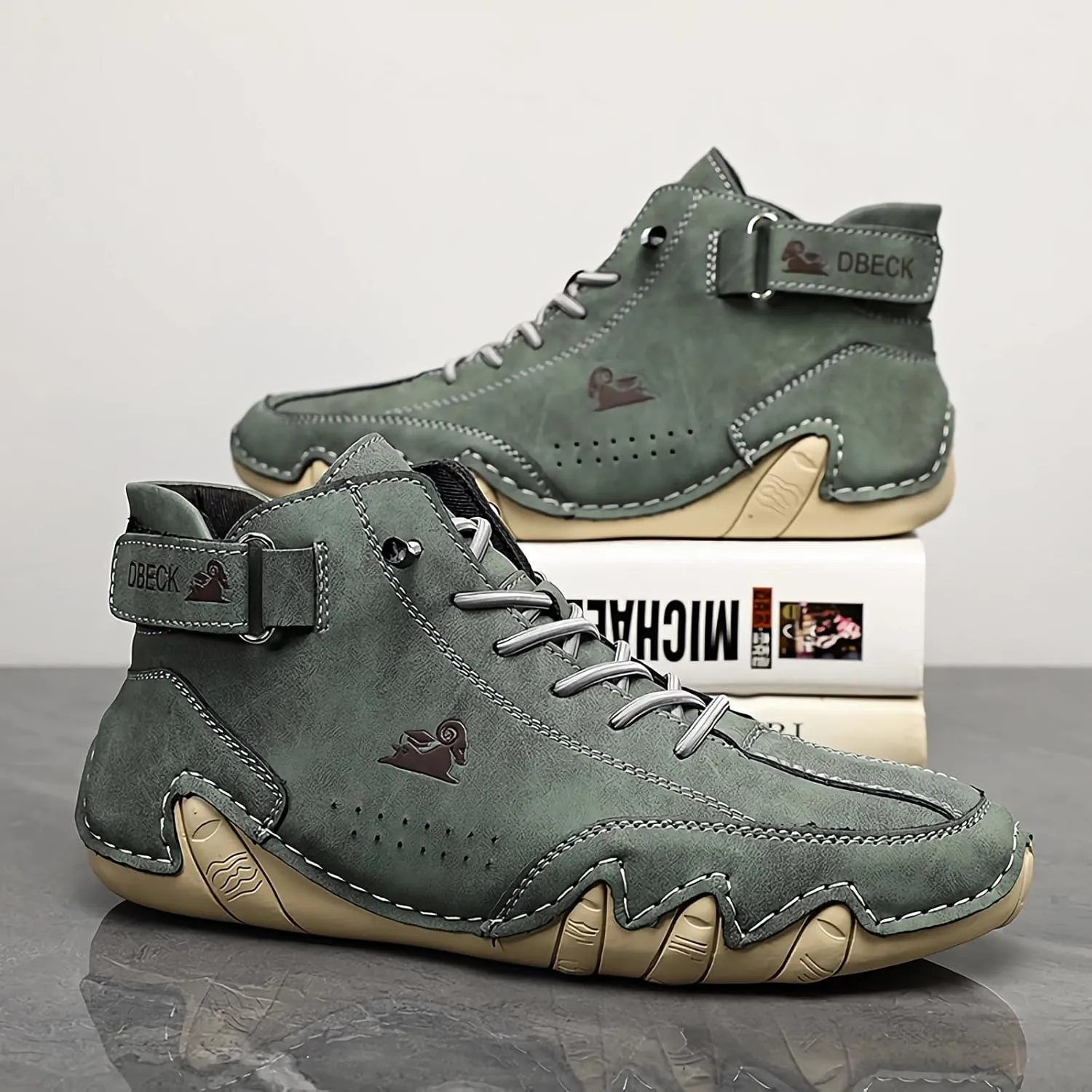 JishinGal Italian Handmade Suede High Boots Men's Casual Walking Boots Cozy Non-Slip Shoes Lightweight Hike Footwear