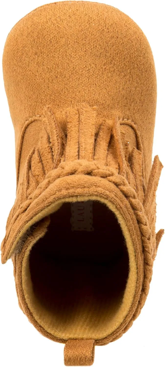 Josmo Baby Girls Fringe Boots Soft Suede Moccasin Crib Shoes Tassel Design Cozy First Walking Boots Size 2-4 Infant