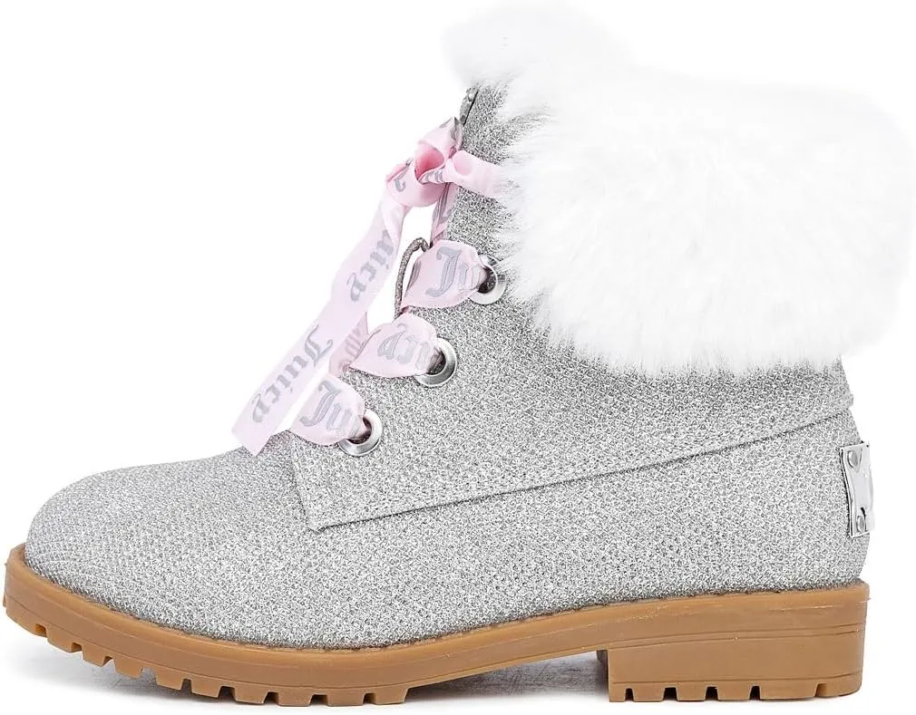 Juicy Couture Girls’ Glitter Booties – Sparkly Faux Fur Chukka Boots with Lace-Up Closure, Winter Ankle Boots for Toddler/Little/Big Kids