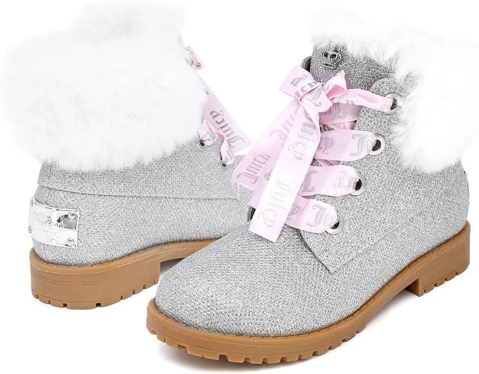 Juicy Couture Girls’ Glitter Booties – Sparkly Faux Fur Chukka Boots with Lace-Up Closure, Winter Ankle Boots for Toddler/Little/Big Kids
