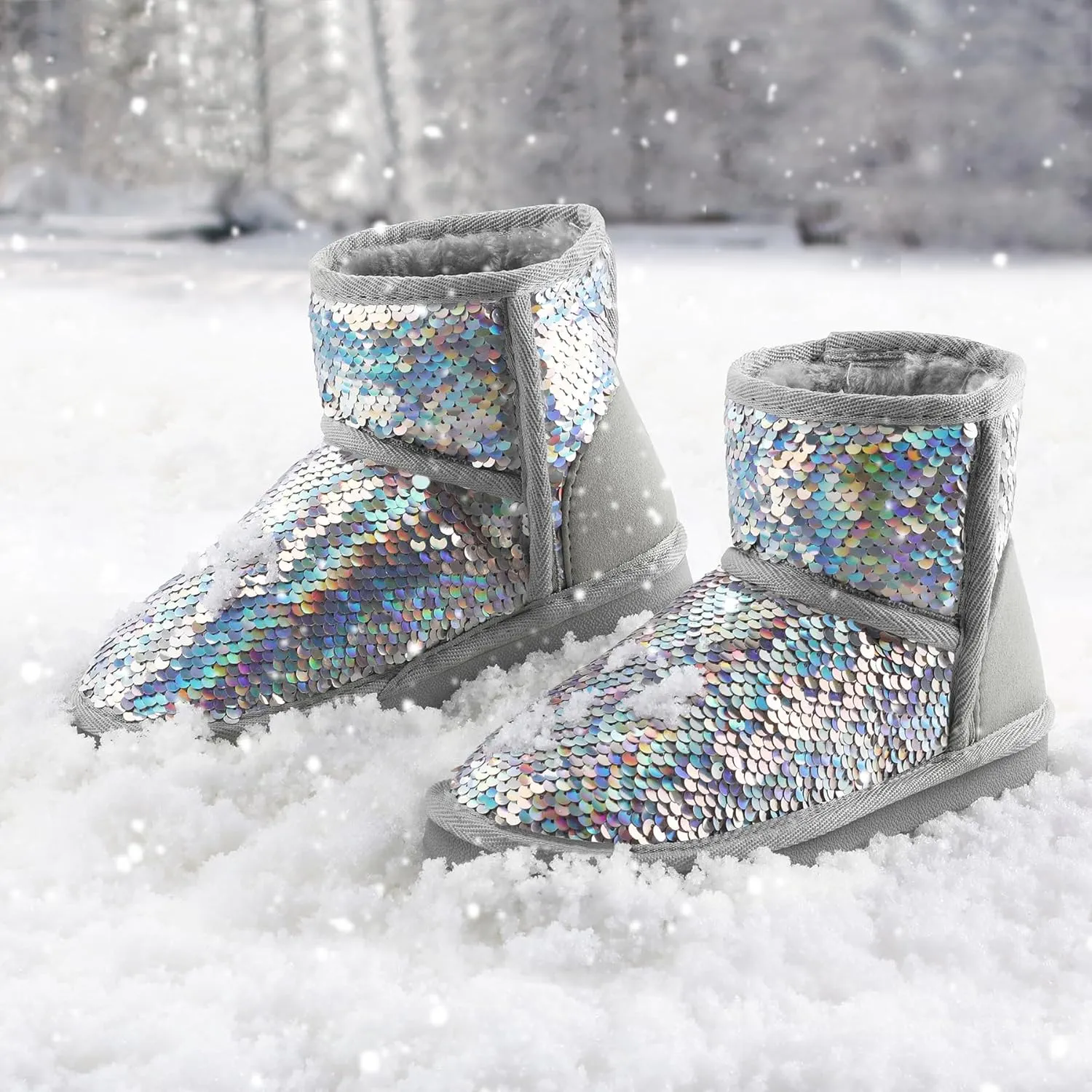 K KomForme Girls Winter Boots Sparkle Sequins Warm Snow Shoes Fur Lined Lightweight Comfy (Toddler/Little Kids/Big Kids)