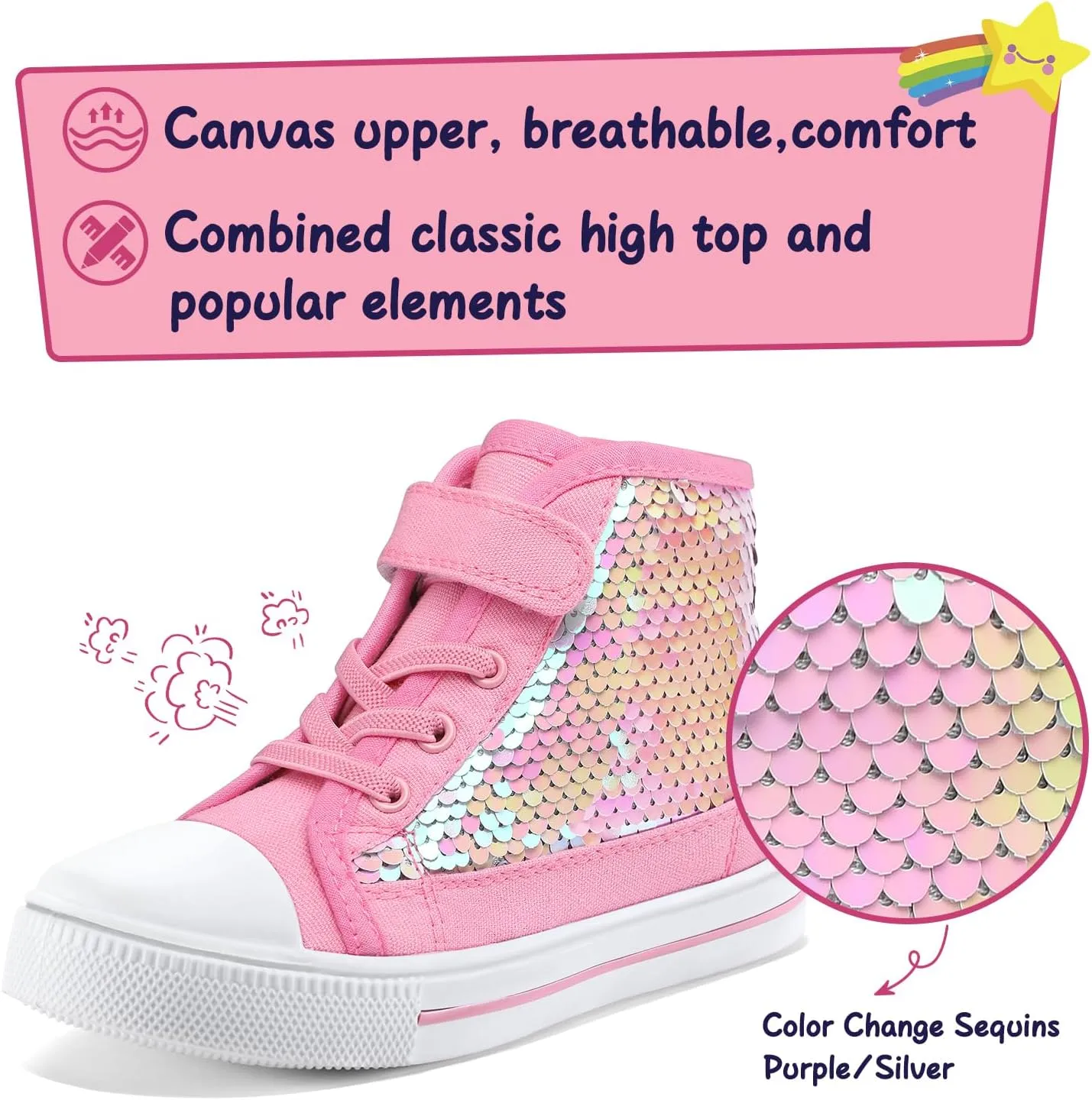 K KomForme Toddler Sneakers Girls Canvas High Top Walking Shoes with Hook and Loops