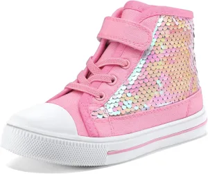 K KomForme Toddler Sneakers Girls Canvas High Top Walking Shoes with Hook and Loops