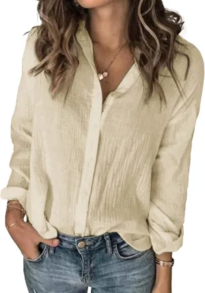 Karlywindow Womens Long Sleeve Button Down Cotton Linen Shirt Blouse Loose Fit Casual V-Neck Tops