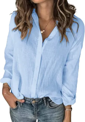 Karlywindow Womens Long Sleeve Button Down Cotton Linen Shirt Blouse Loose Fit Casual V-Neck Tops