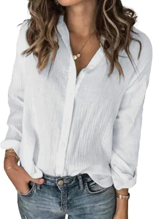 Karlywindow Womens Long Sleeve Button Down Cotton Linen Shirt Blouse Loose Fit Casual V-Neck Tops