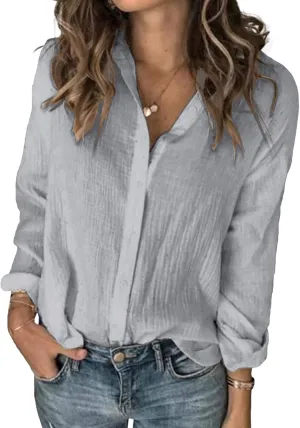 Karlywindow Womens Long Sleeve Button Down Cotton Linen Shirt Blouse Loose Fit Casual V-Neck Tops